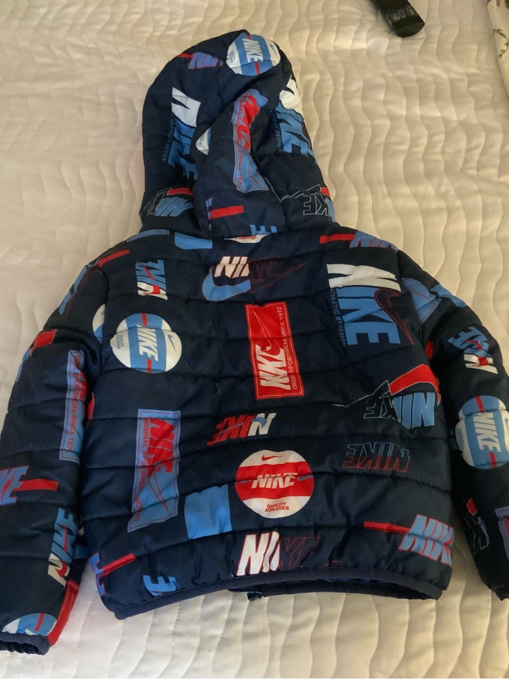 Nike Kids Navy Hooded Puffer Jacket with Red & Light Blue Logos